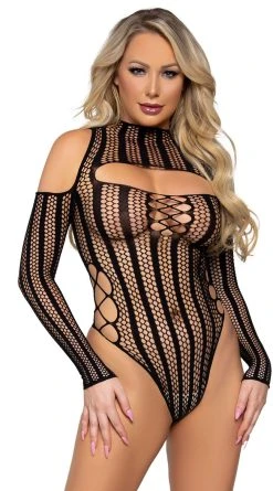 LEG AVENUE Cold Shoulder Fishnet Bodysuit