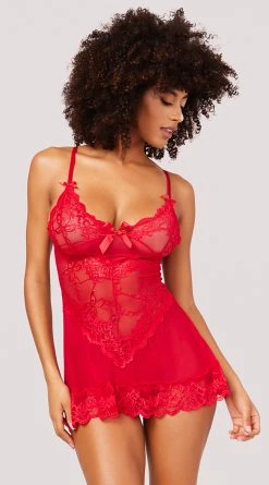 Yandy Playtime Babydoll Set -Playboy Sales YO 2139 LACE MESH BABYDOLL SET RED 5193